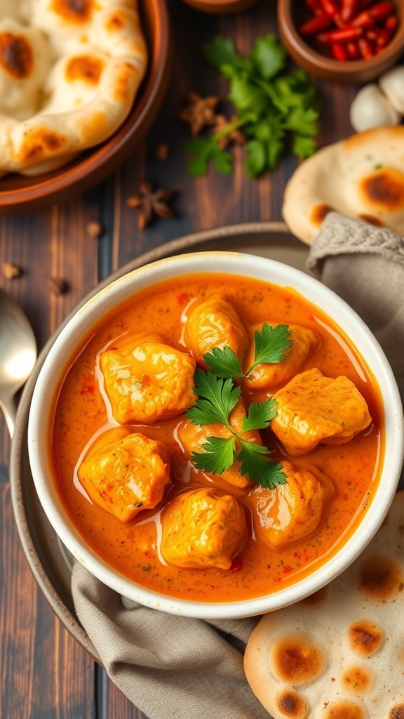 Authentic Indian Butter Chicken Recipe A bowl of butter chicken with naan and cilantro on a rustic table.